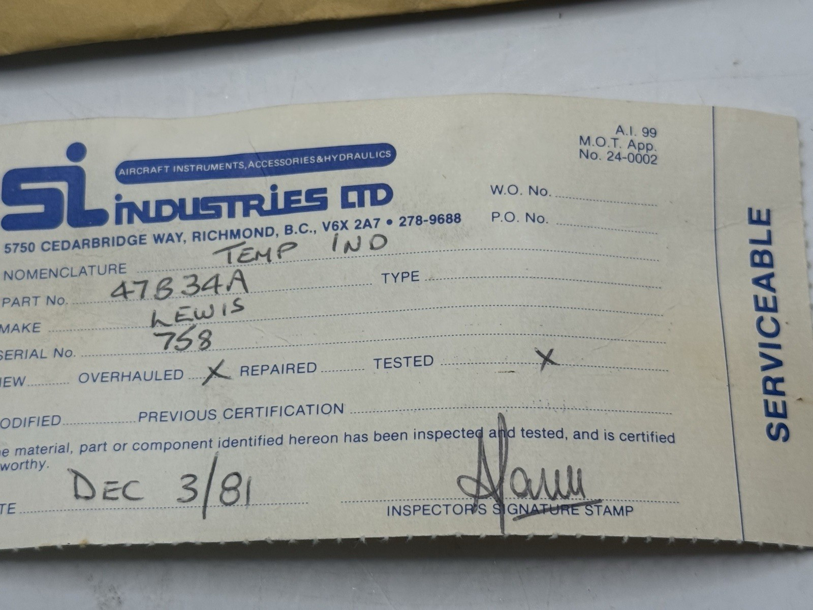 Lewis Engineering Tempature Indicator 47B34A SERVICABLE OVERHAULED