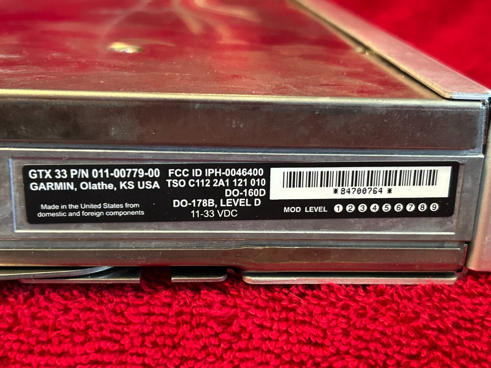 GARMIN GTX 33 TRANSPONDER P/N 011-00779-00 WITH TRAY AND CONNECTOR