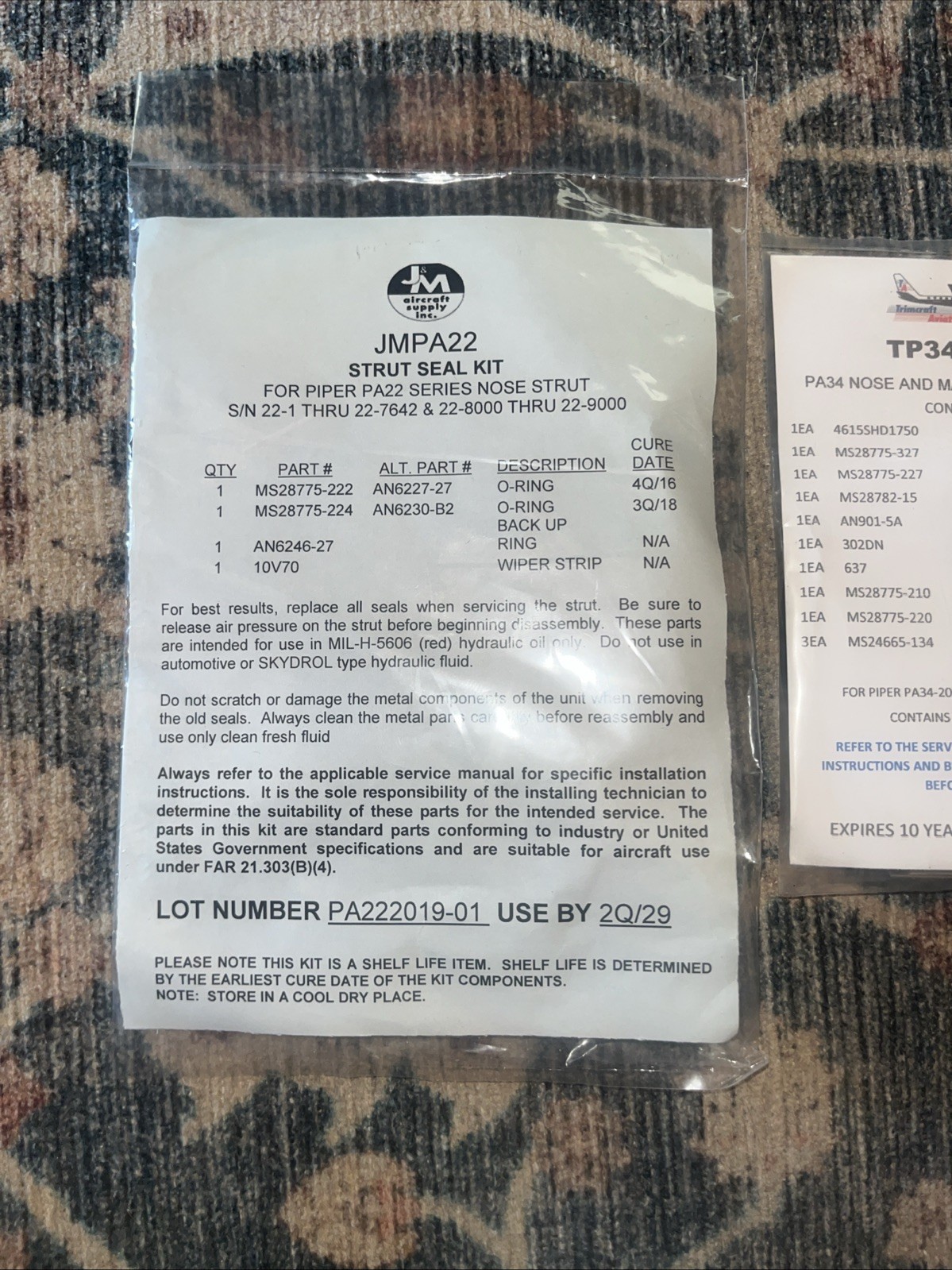 JMPA22 Strut Seal Kit Piper TP34MS-1 Nose