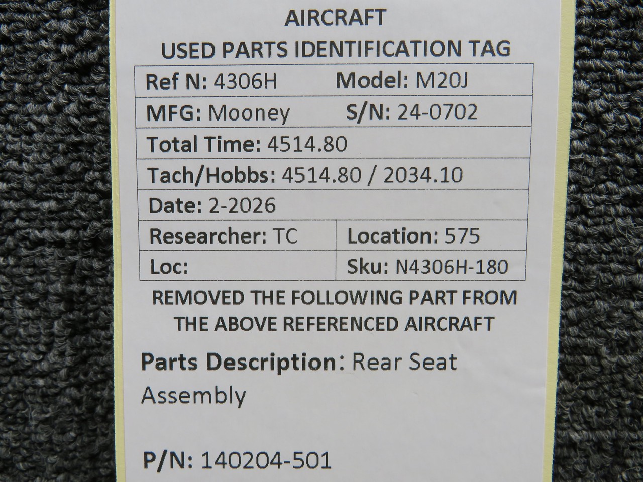 140204-501 Mooney M20J Rear Seat Assembly