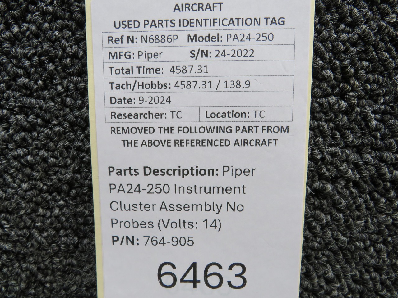 764-905 Piper PA24-250 Instrument Cluster Assembly No Probes (Volts: 14)