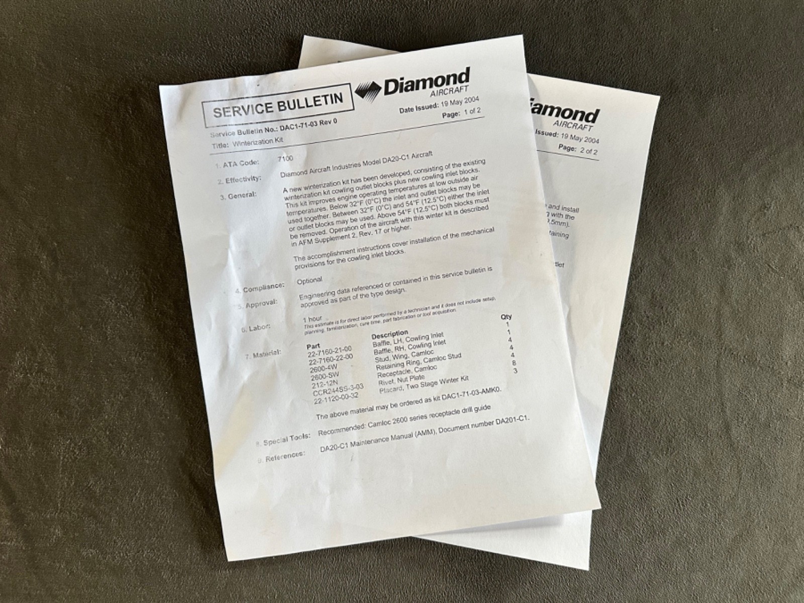 Diamond DA20 Aircraft Winter Baffle Kit (22-7130-61-00, 22-7130-62-00) New Surpl