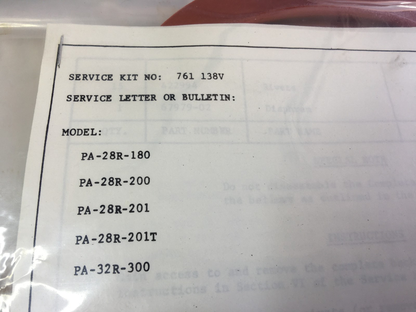 Piper PA-28R1 Backup Gear Extender Replacement Kit 761-138