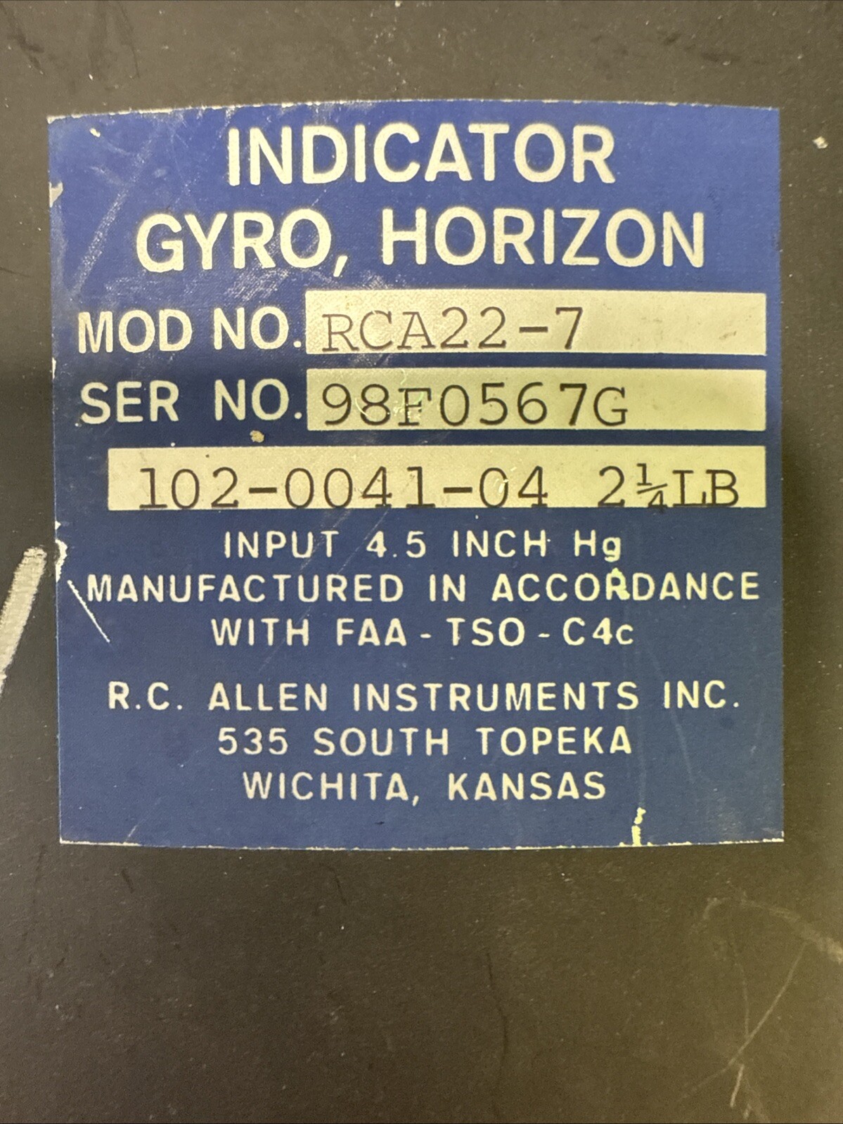 RC ALLEN RCA22-7 HORIZON GYRO INDICATOR P/N 102-0041-04