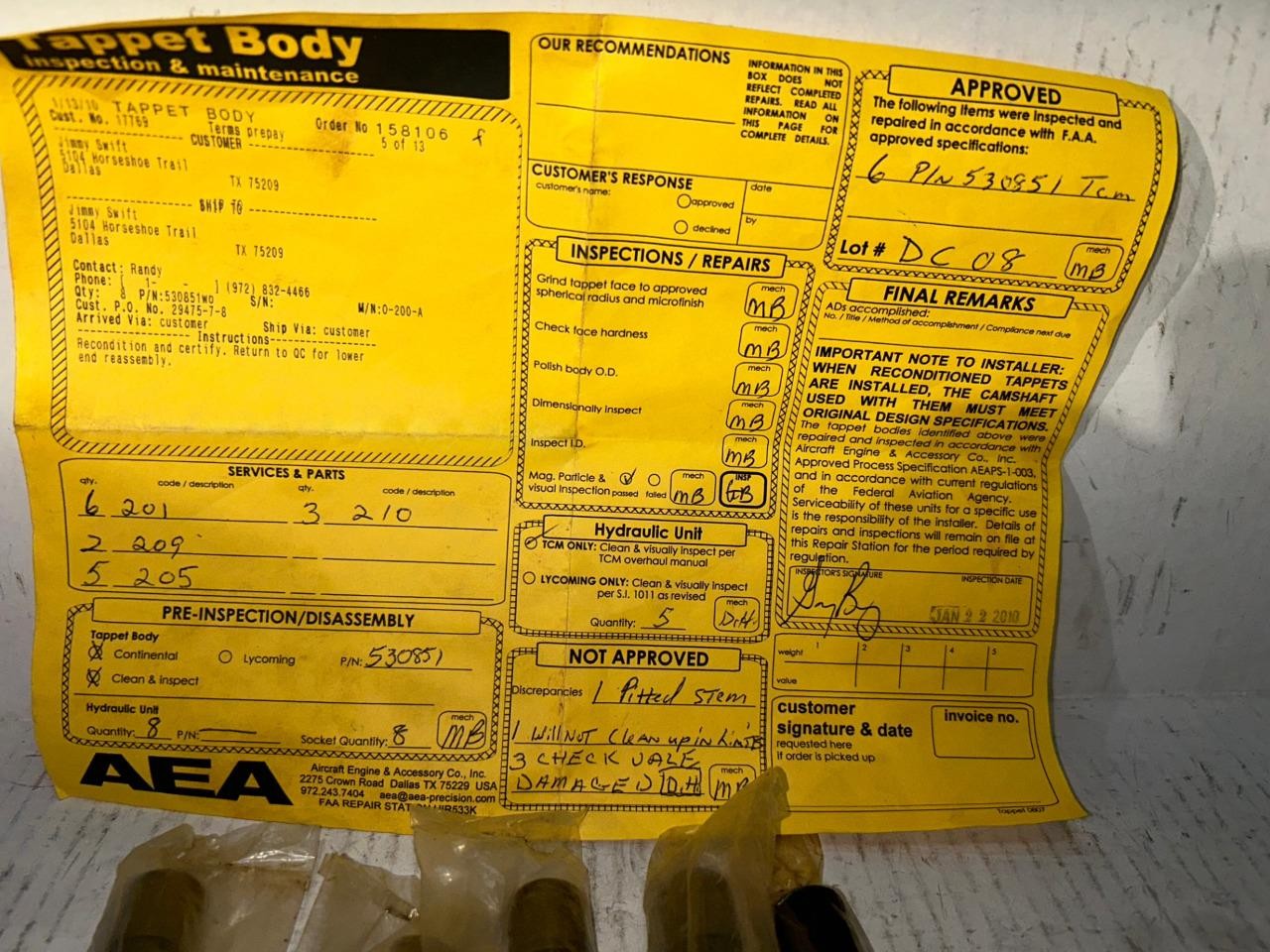 Certified Continental TCM O-200/O-300 Tappet Body Lifter P/N: 530851