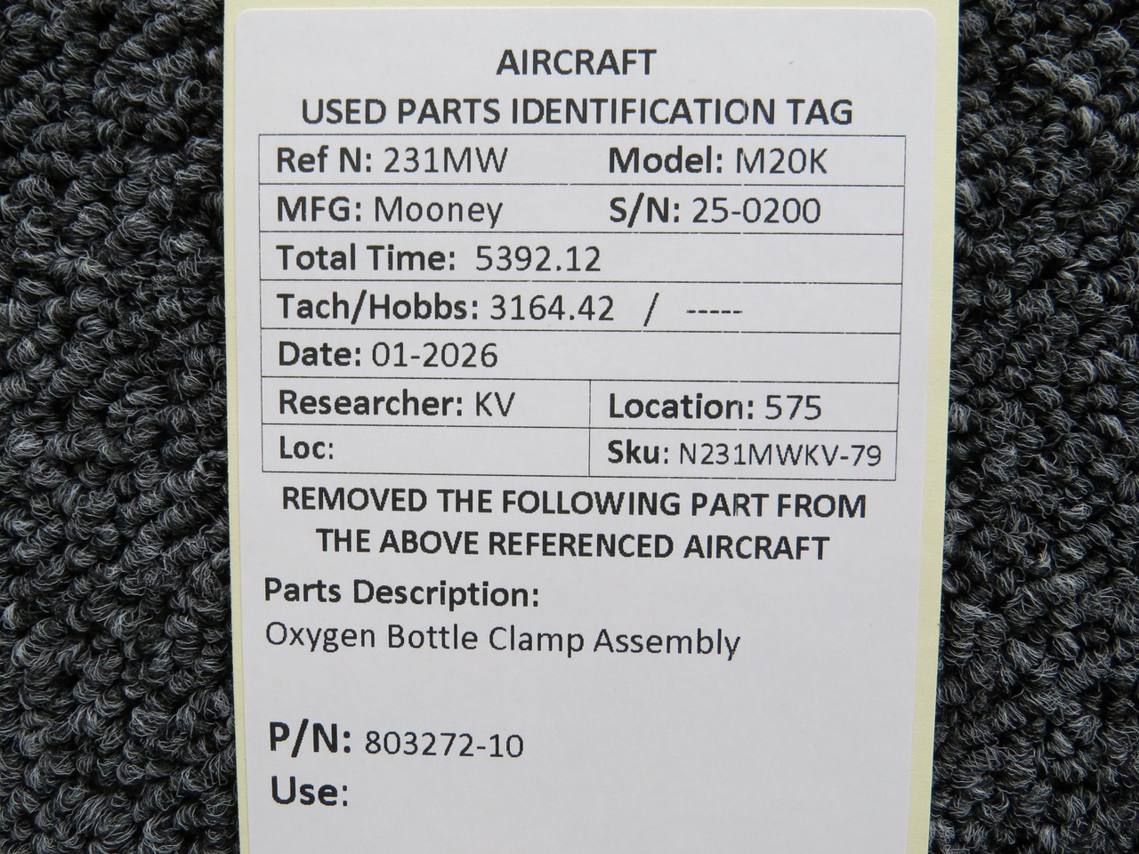 803272-10 Mooney M20K Oxygen Bottle Clamp Assembly