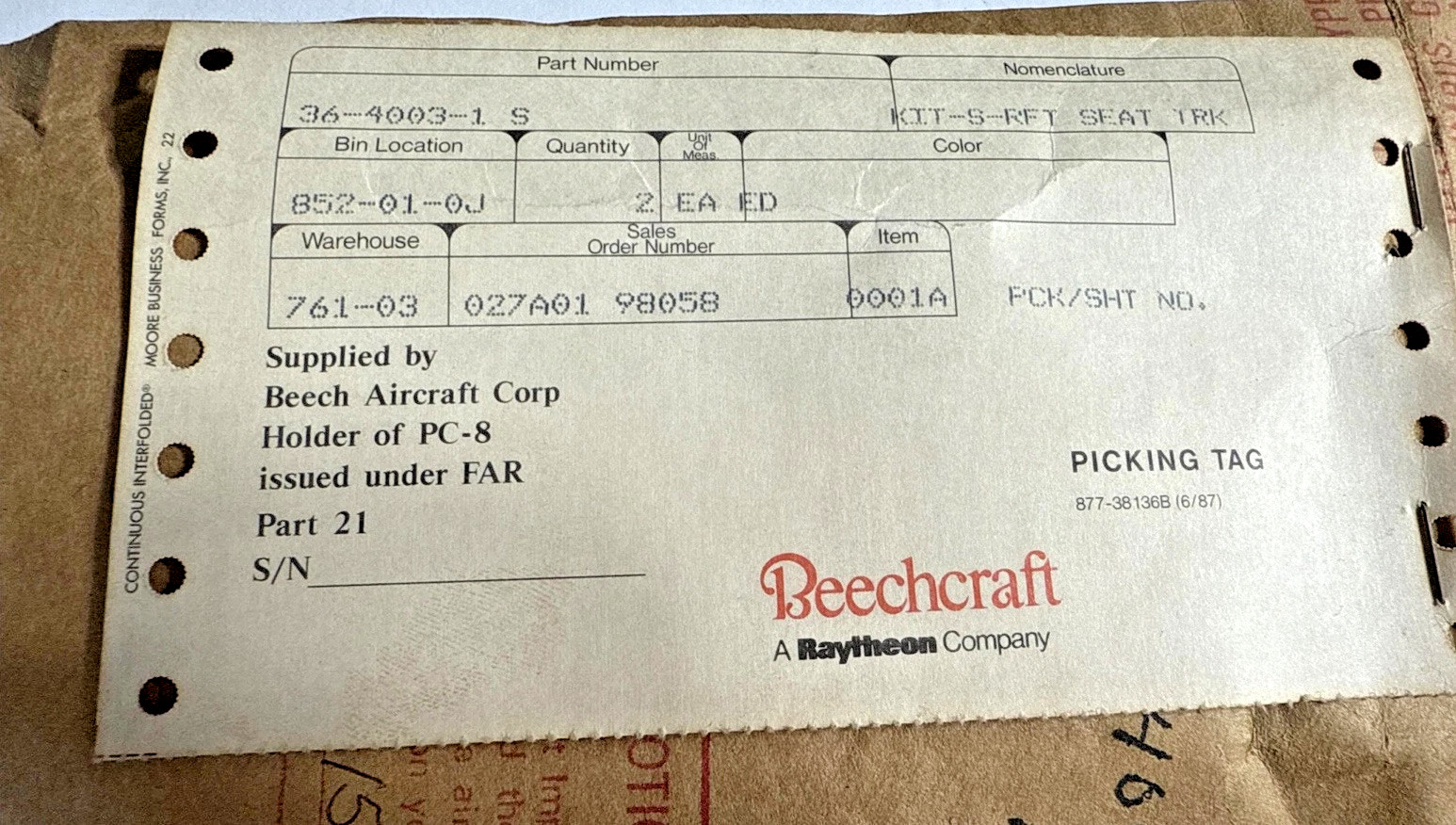 36-4004-1S Beechcraft Kit- Front Spar Carry Thru ST New Old Stock
