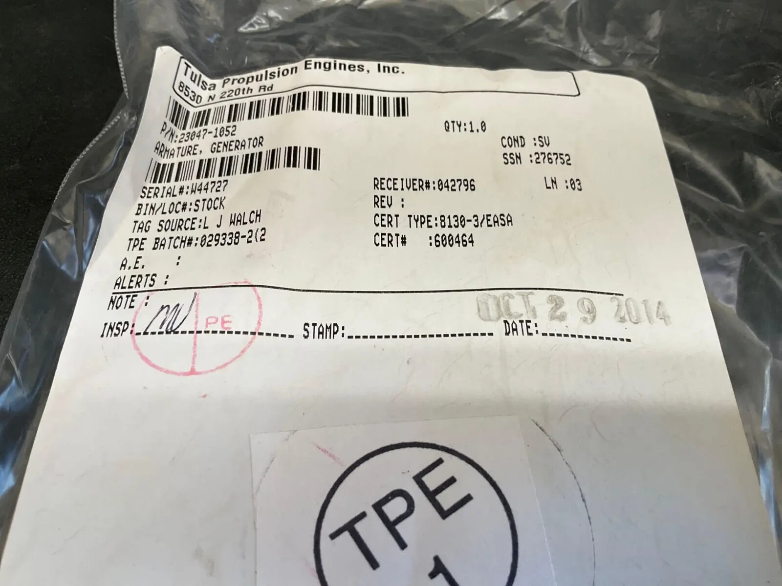 LUCAS GENERATOR ARMATURE 23047-1052 REPAIRED WITH FAA 8130-3 FORM