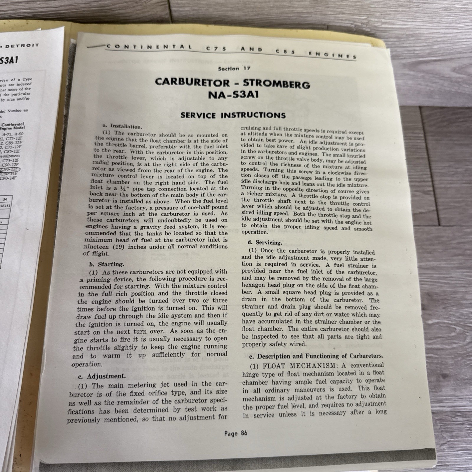Bendix NA-S3A1 Carburetor used on Continental Engines Overhaul Manual Aviation