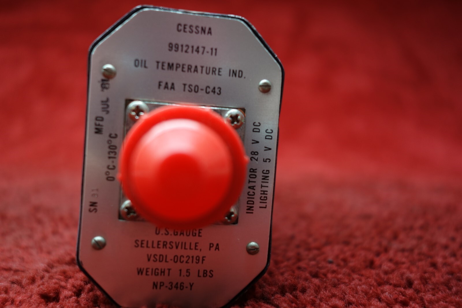 U.S. Gauge Oil Temperature Indicator 28V PN 9912147-11