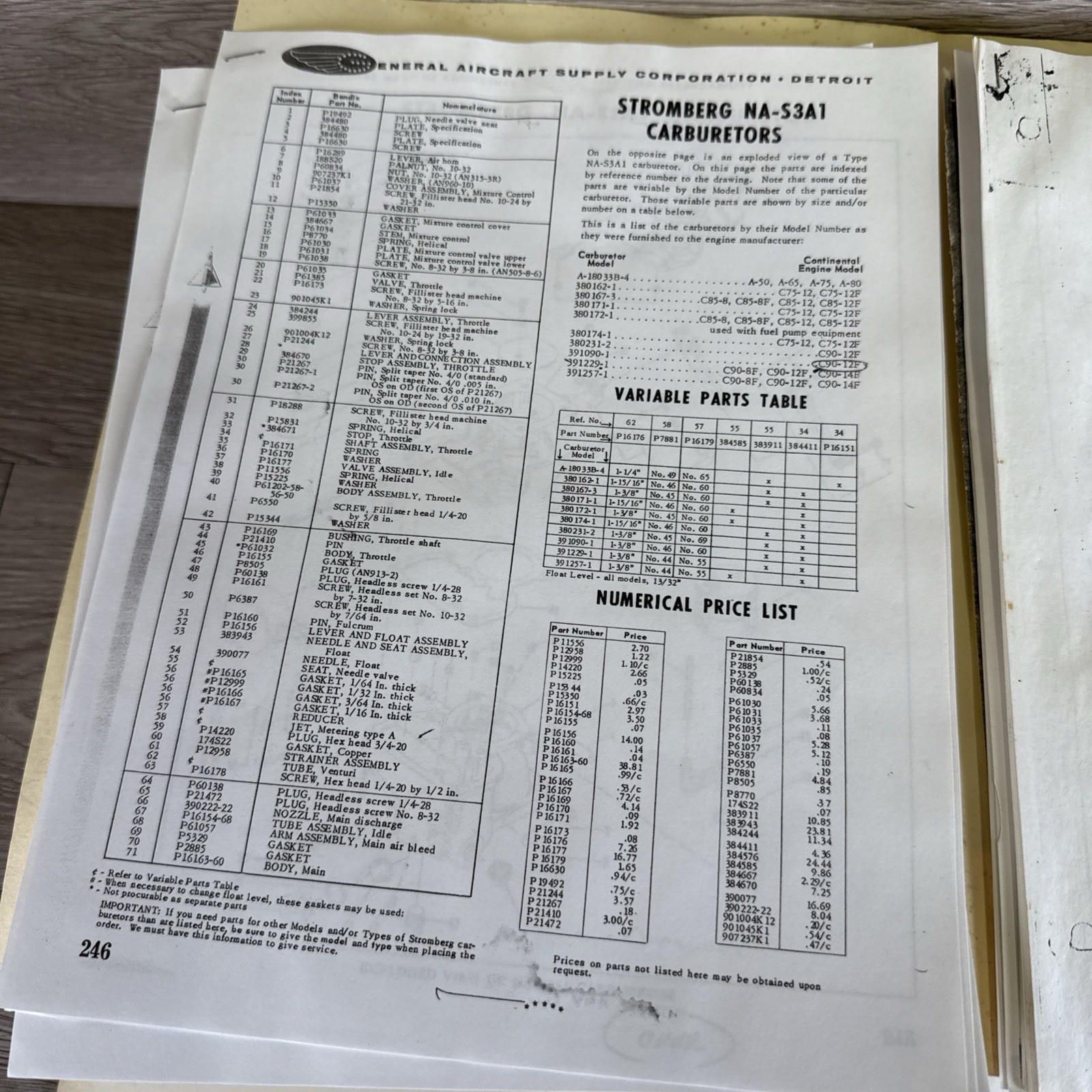 Bendix NA-S3A1 Carburetor used on Continental Engines Overhaul Manual Aviation