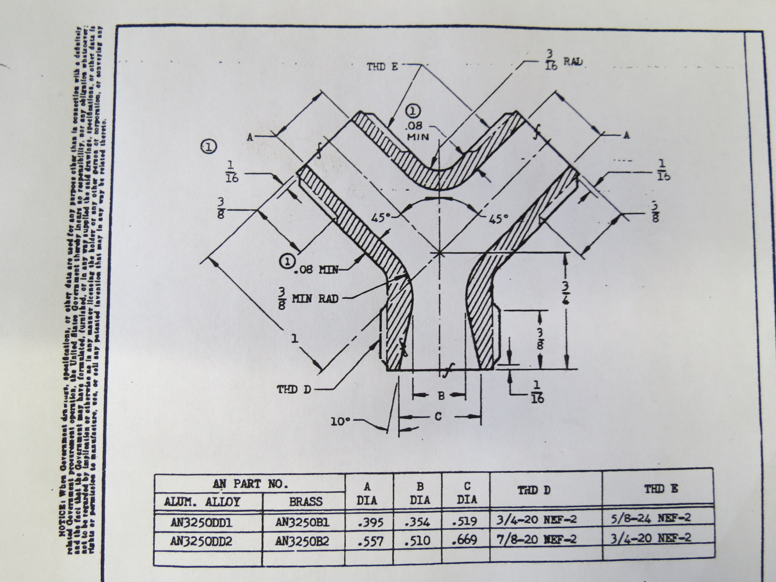 AN3250B2 Coupling “Y” Fitting Post WWII era Aircraft for Electrical Wire Routing