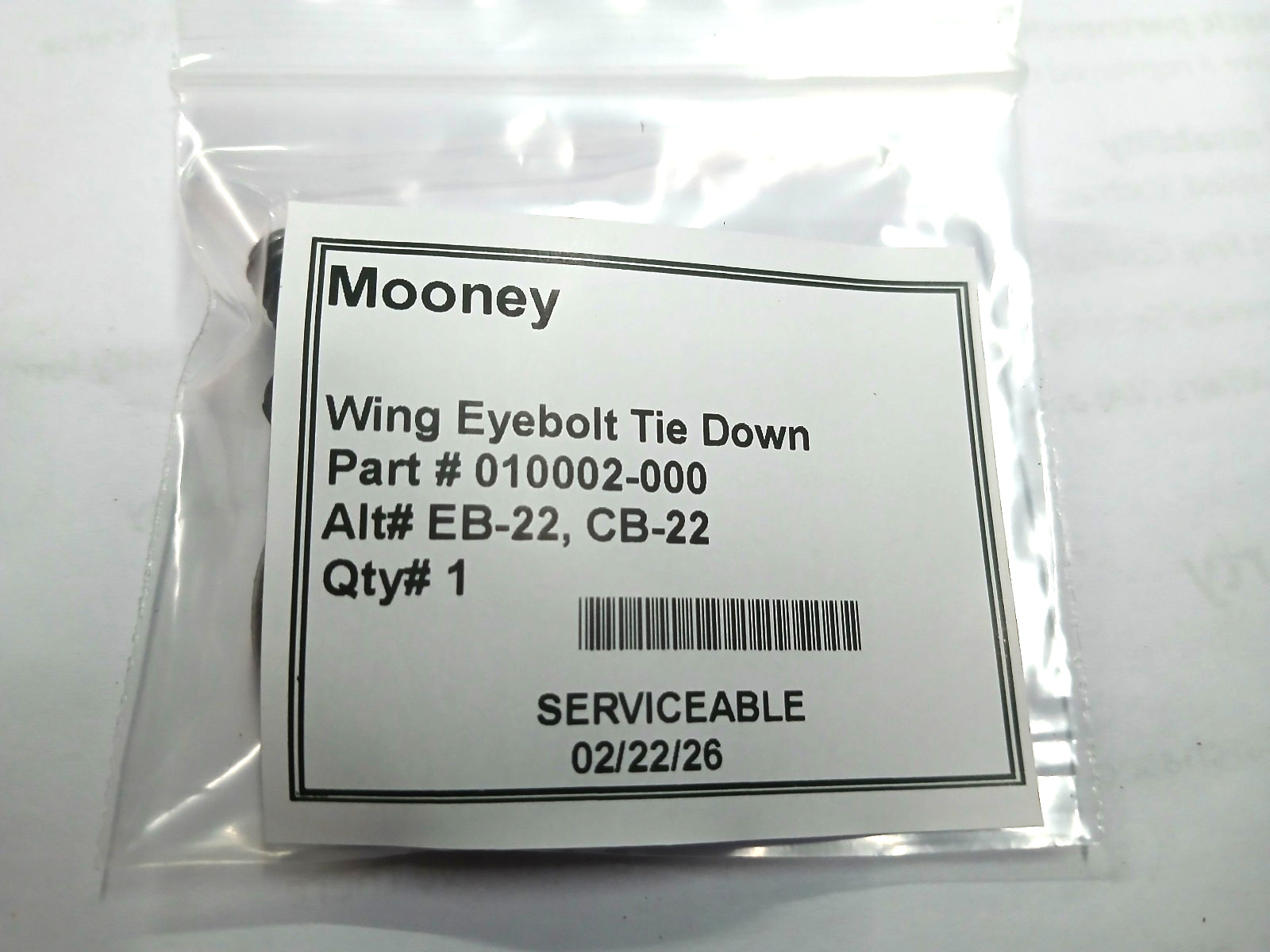 Mooney/Vulcan P/N 010002-000 ALT# EB22 M20K Wing Eyebolt Tie Down