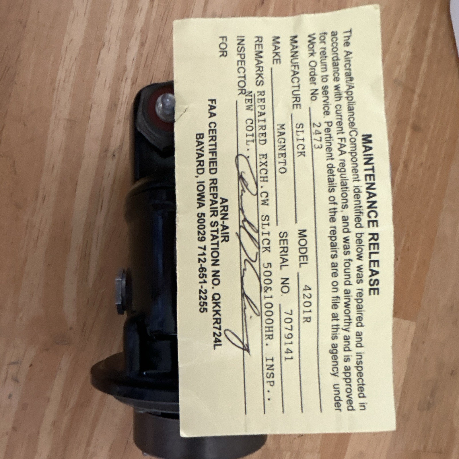 SLICK Aircraft Engine Magneto Model Number 4201R with Yellow Tag
