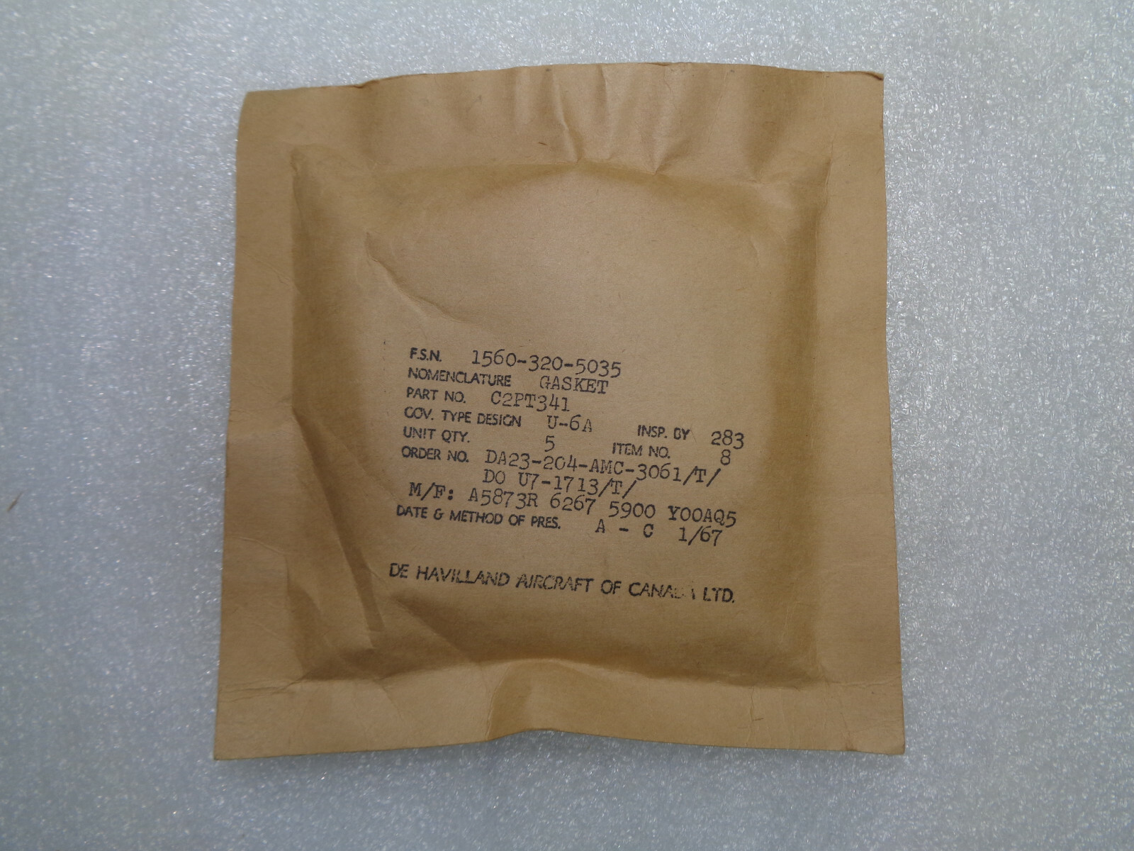 DE HAVILLAND AIRCRAFT DHC-2 BEAVER GASKET C2PT341 SET OF 5 EACH NEW