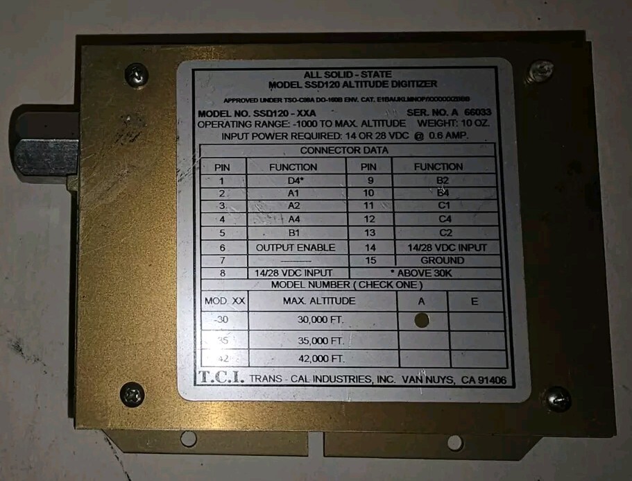 Trans-Cal SSD120-30A Altitude Encoder 30,000′ 10-30VDC. W/ 90 Day Warranty