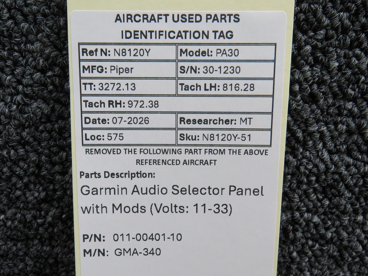 011-00401-10 Garmin GMA-340 Audio Selector Panel with Mods (Volts: 11-33)