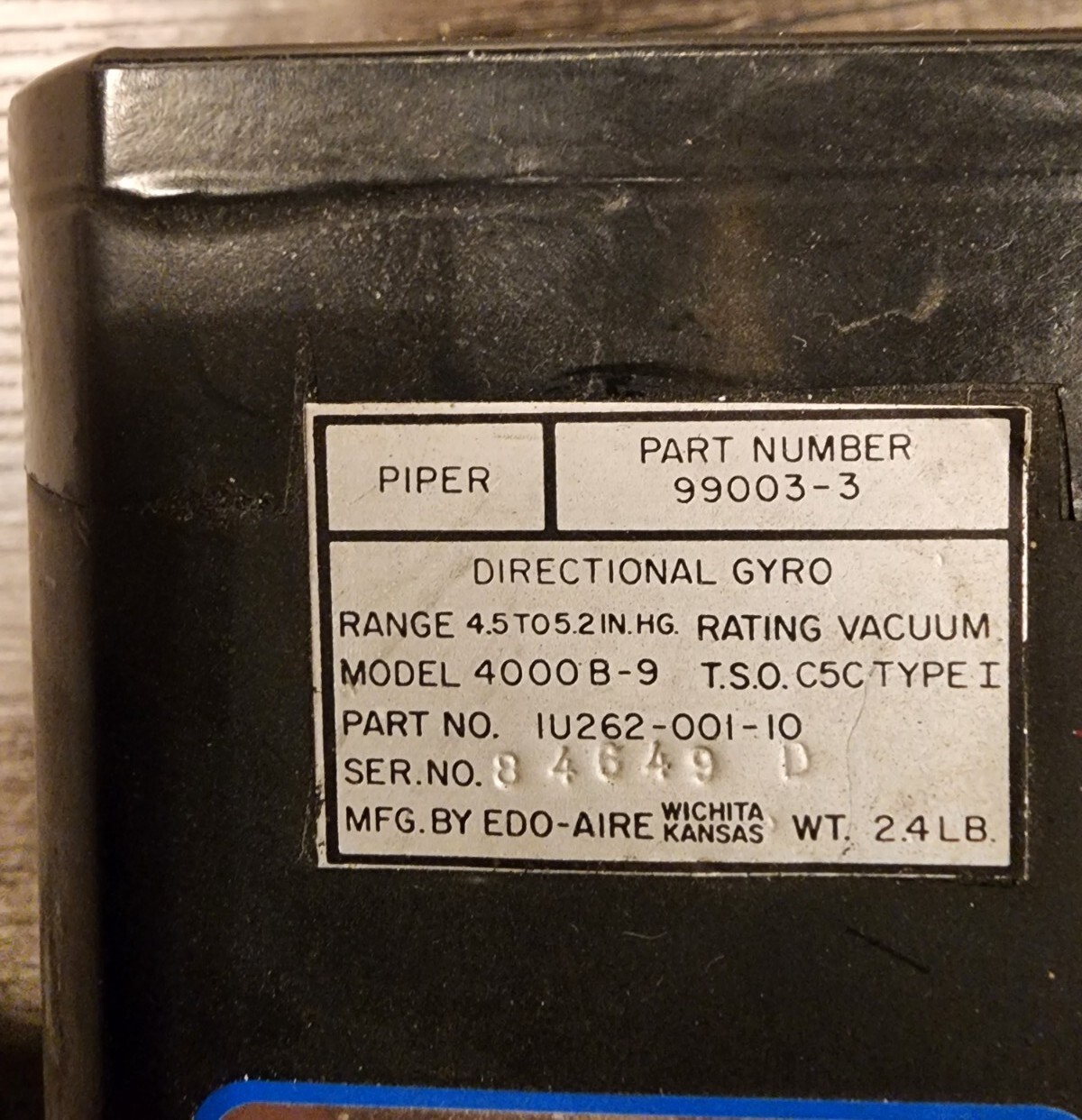 EDO-AIRE 4000B-9 DIRECTIONAL GYRO P/N: 1U262-001-10 Piper 99003-3 W/ 60 Day Warr