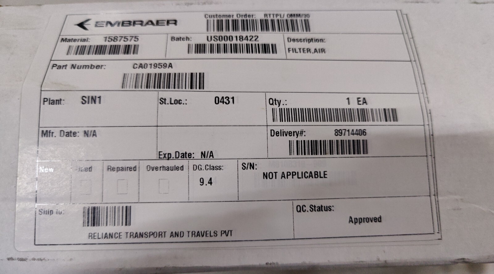 Safran Embraer CA01959A Air Filter Element with Certificate Copy