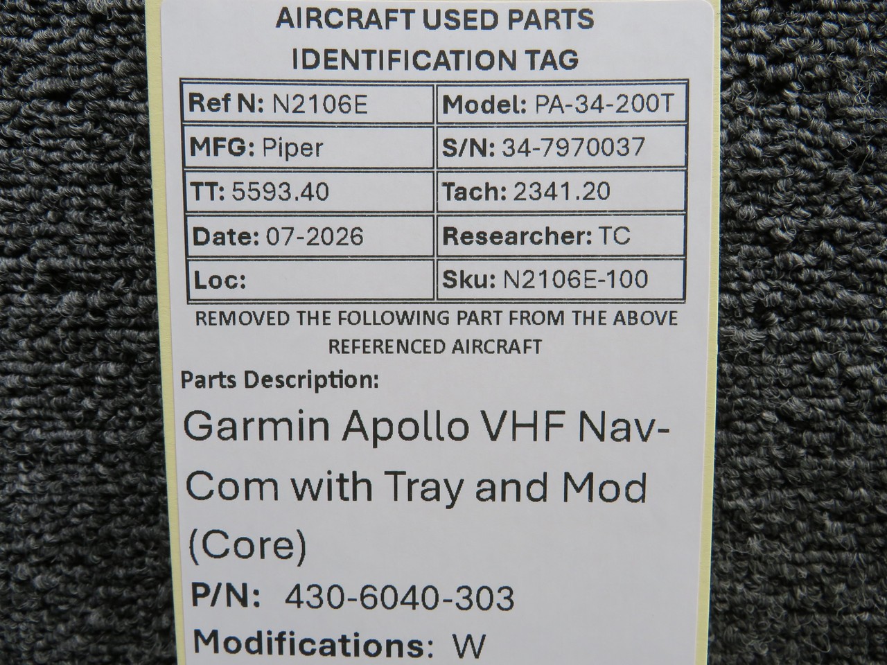 430-6040-303 Garmin Apollo SL-30 VHF Nav-Com with Tray and Mod (Core)