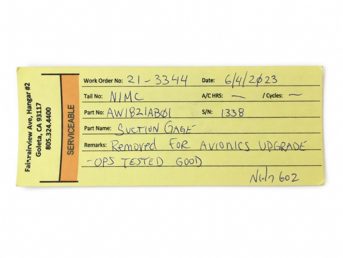 Mil-Spec Suction U.S. Gauge MIL-G-7734B (5 IN. of HG) AW2821AB01 -Tested Good