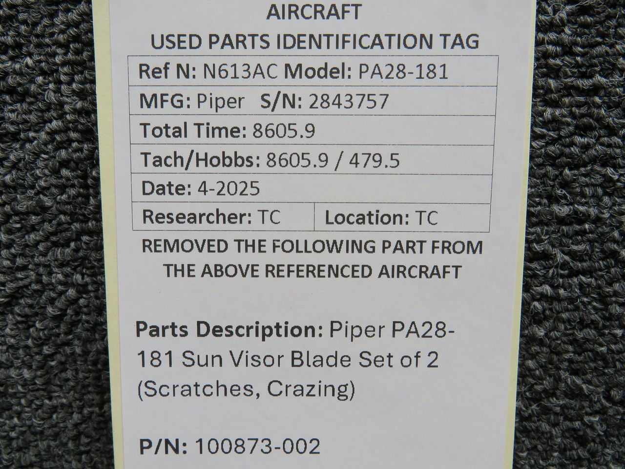 100873-002 Piper PA28-181 Sun Visor Blade Set of 2 (Scratches, Crazing)