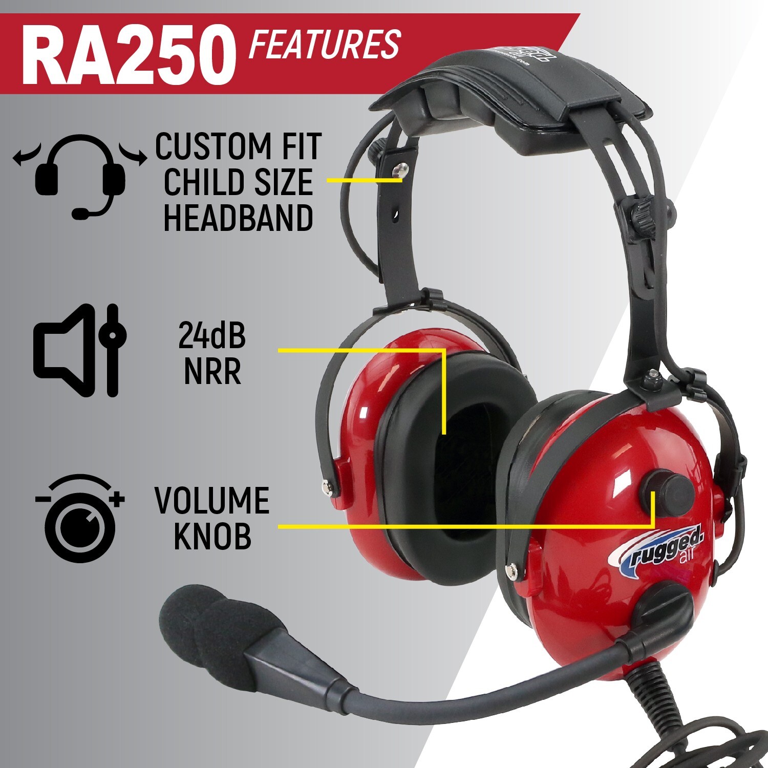 Rugged Air Youth Child Size General Aviation GA Headset MP3 Input Communications