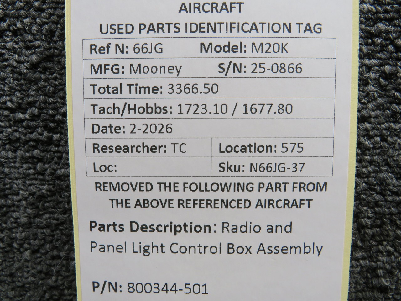 800344-501 Mooney M20K Radio and Panel Light Control Box Assembly