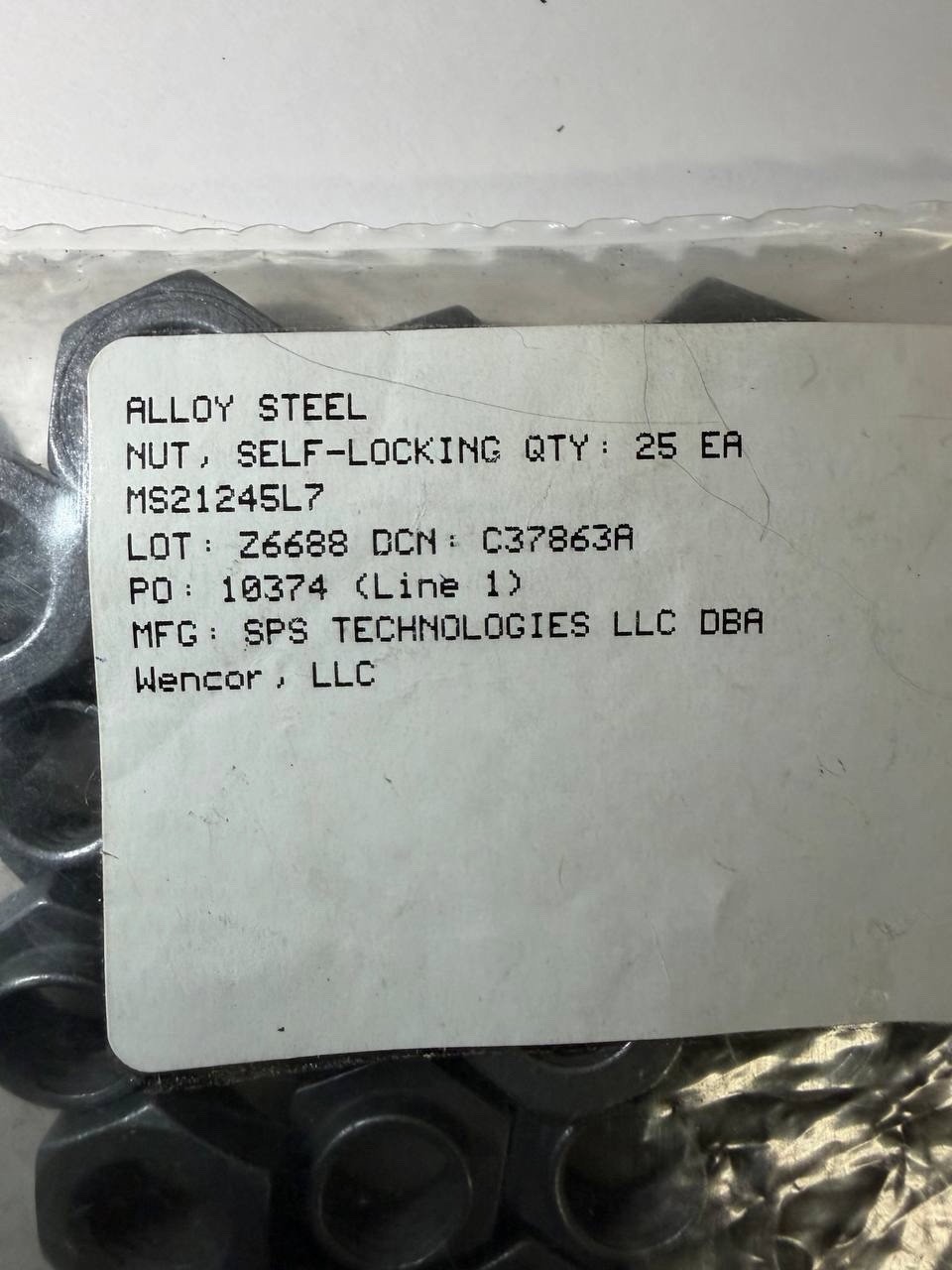 Lot of 25 SPS Technologies MS21245L7 Self-Locking Aircraft Nuts Alloy Steel NOS