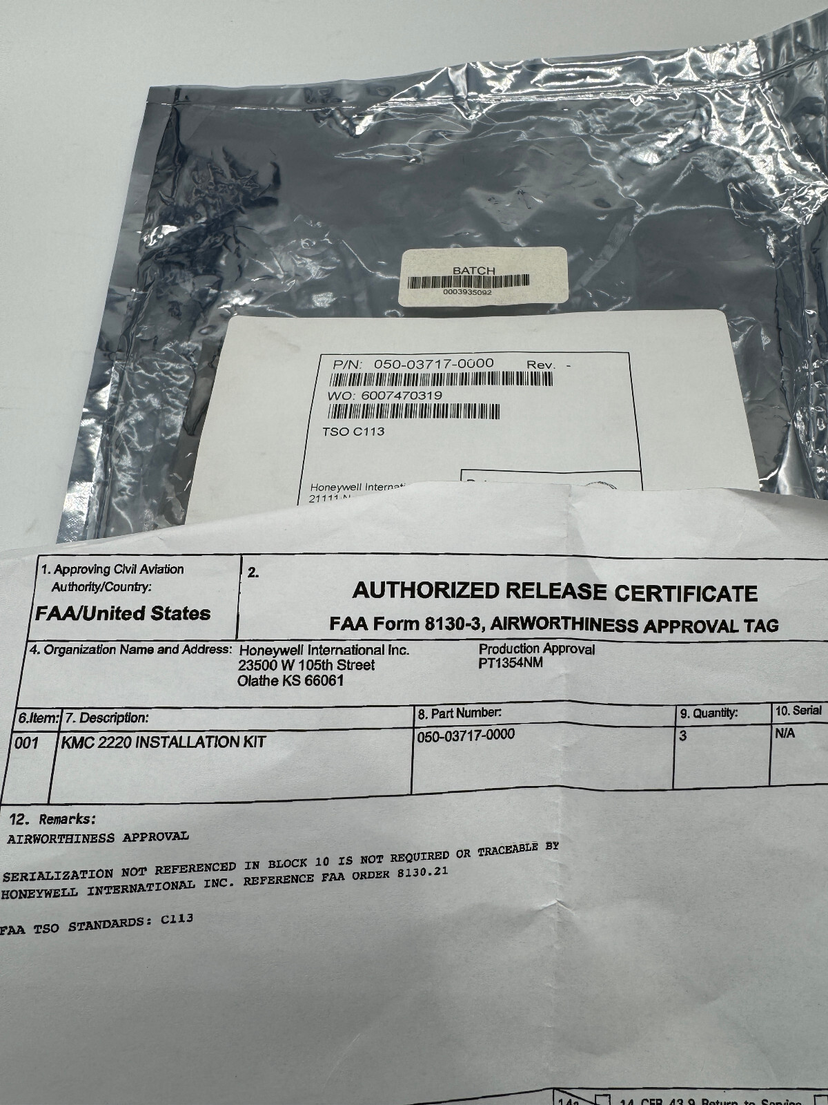 Honeywell 050-03712-0000 KMC 2220 GPS INSTALL KIT with 8130-3 FAA form