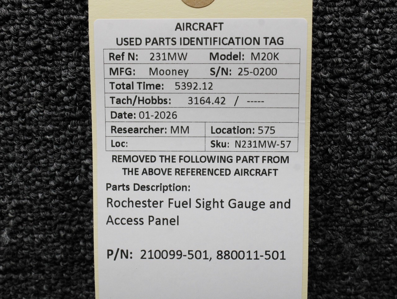 210099-501, 880011-501 Mooney M20K Rochester Fuel Sight Gauge and Access Panel