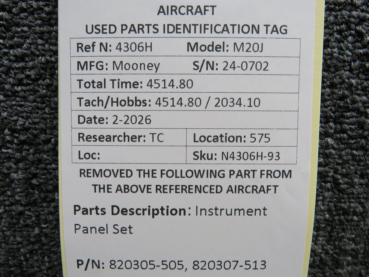 820305-505, 820307-513 Mooney M20J Instrument Panel Set