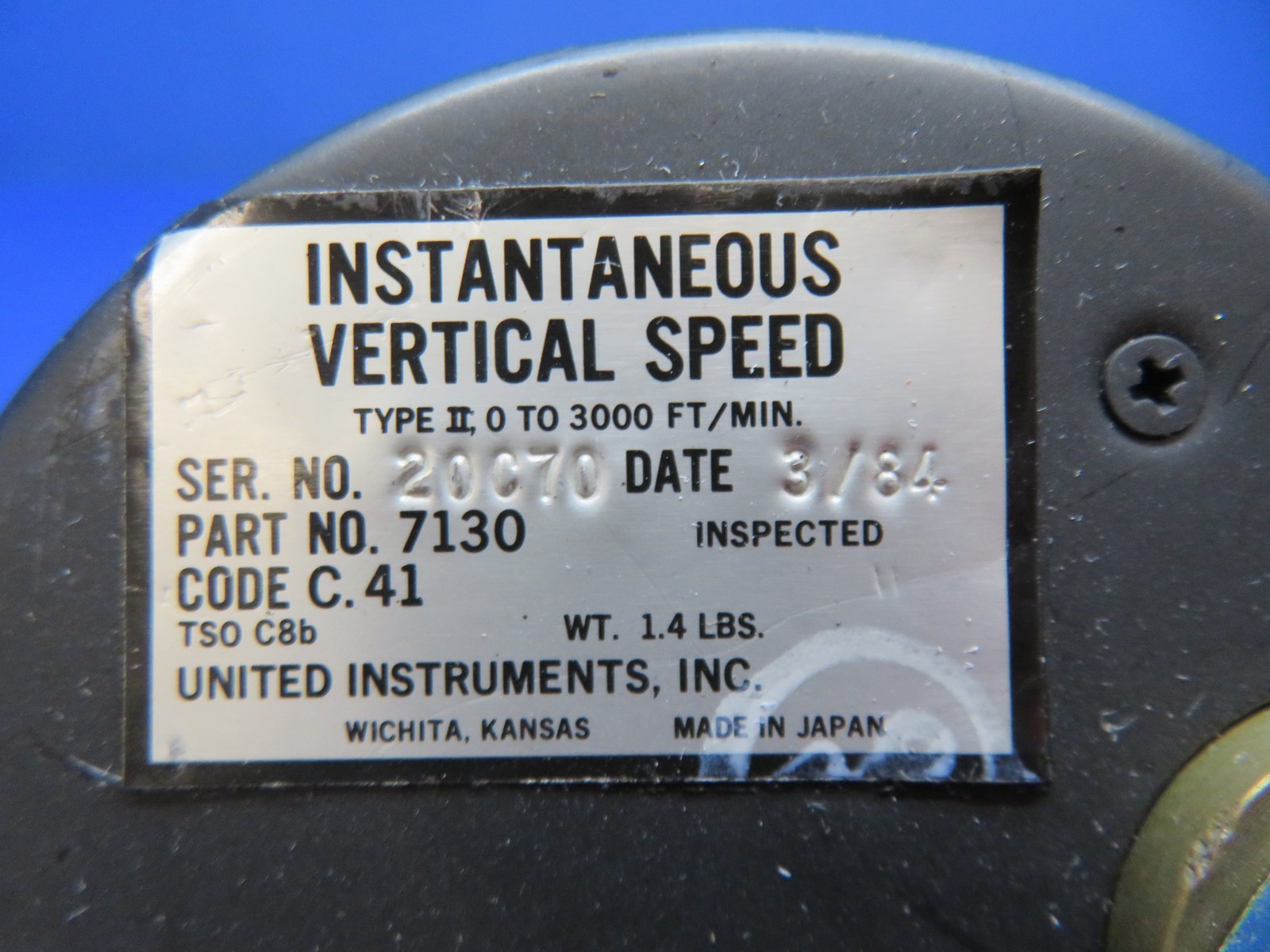 United Instruments Vertical Speed Indicator P/N 7130 WARRANTY (1125-156)