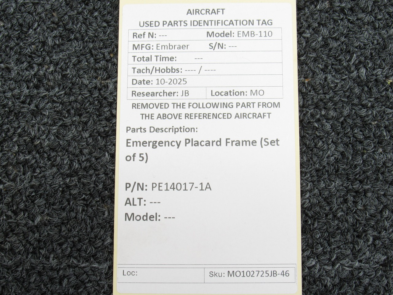 PE14017-1A Embraer EMB-110 Emergency Placard Frame (Set of 5)