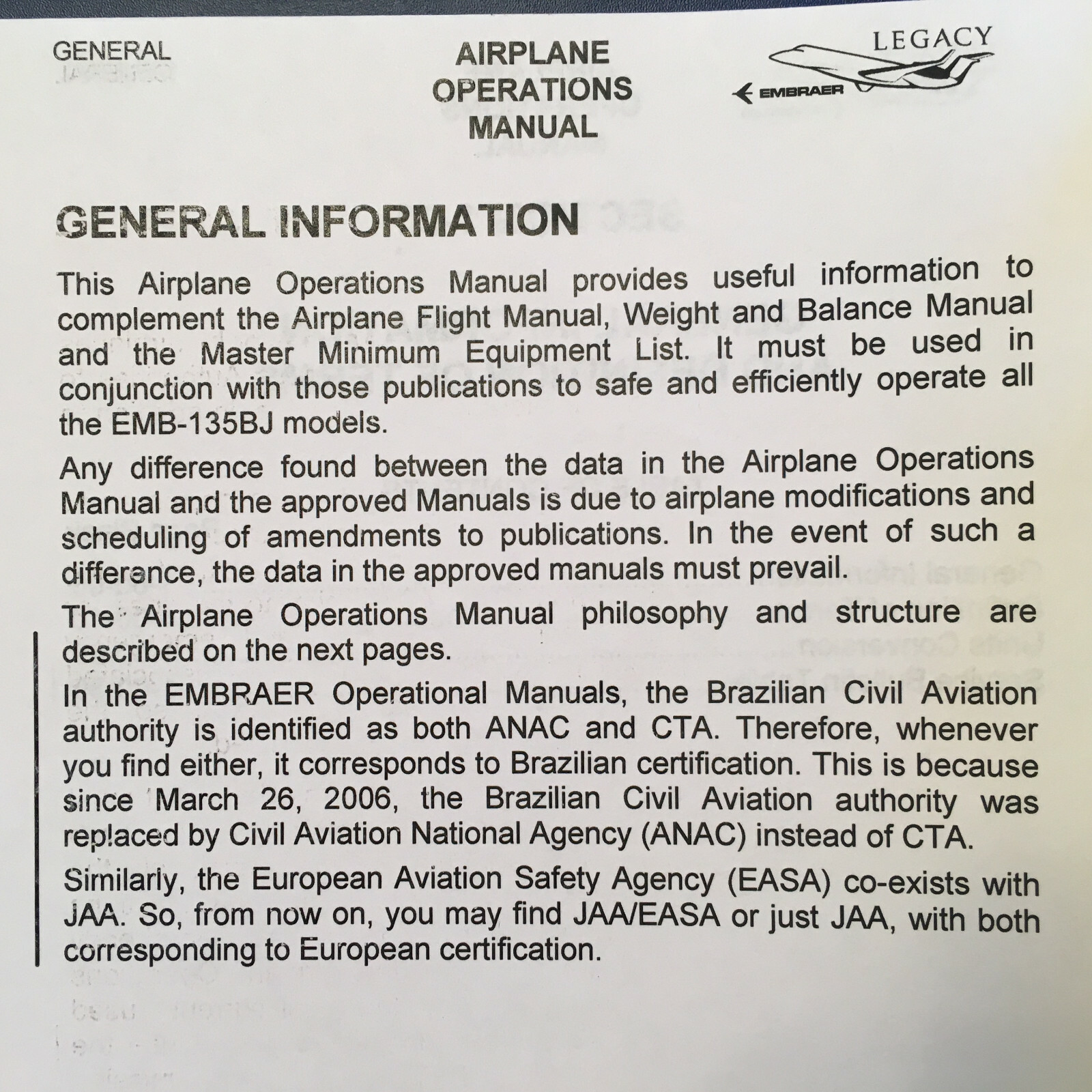 Embraer Legacy EMB-135BJ Airplane Operations Manual, Vol. 1
