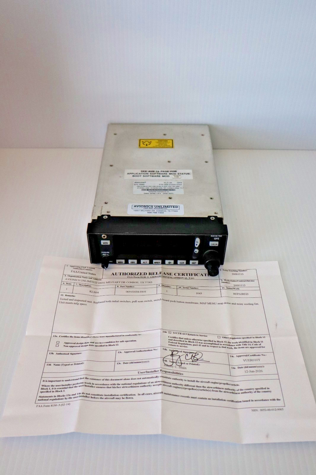 Bendix King KLN 94 Color GPS 069-01034-0101 Bench Tested with FAA 8130-3 Form