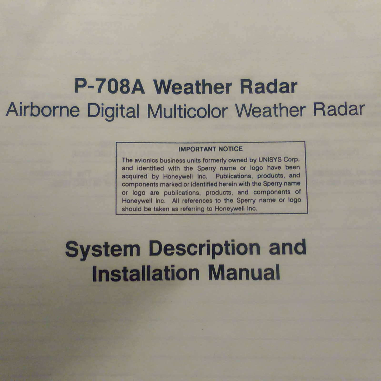Sperry Honeywell P-708A Radar Install Manual