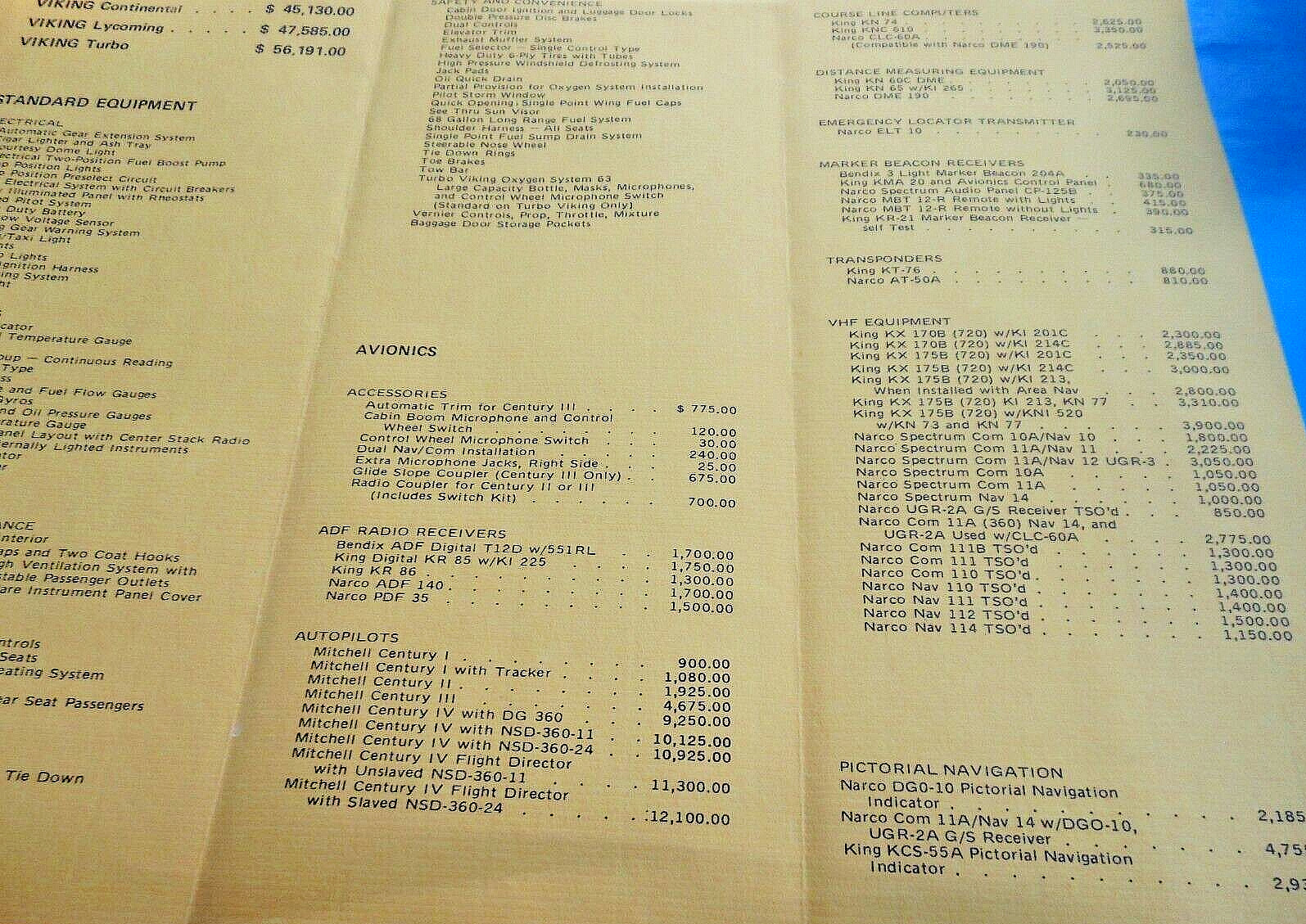 ’75 Bellanca Viking Specs Continental Lycoming Turbo Price List Avionics Std Eqt