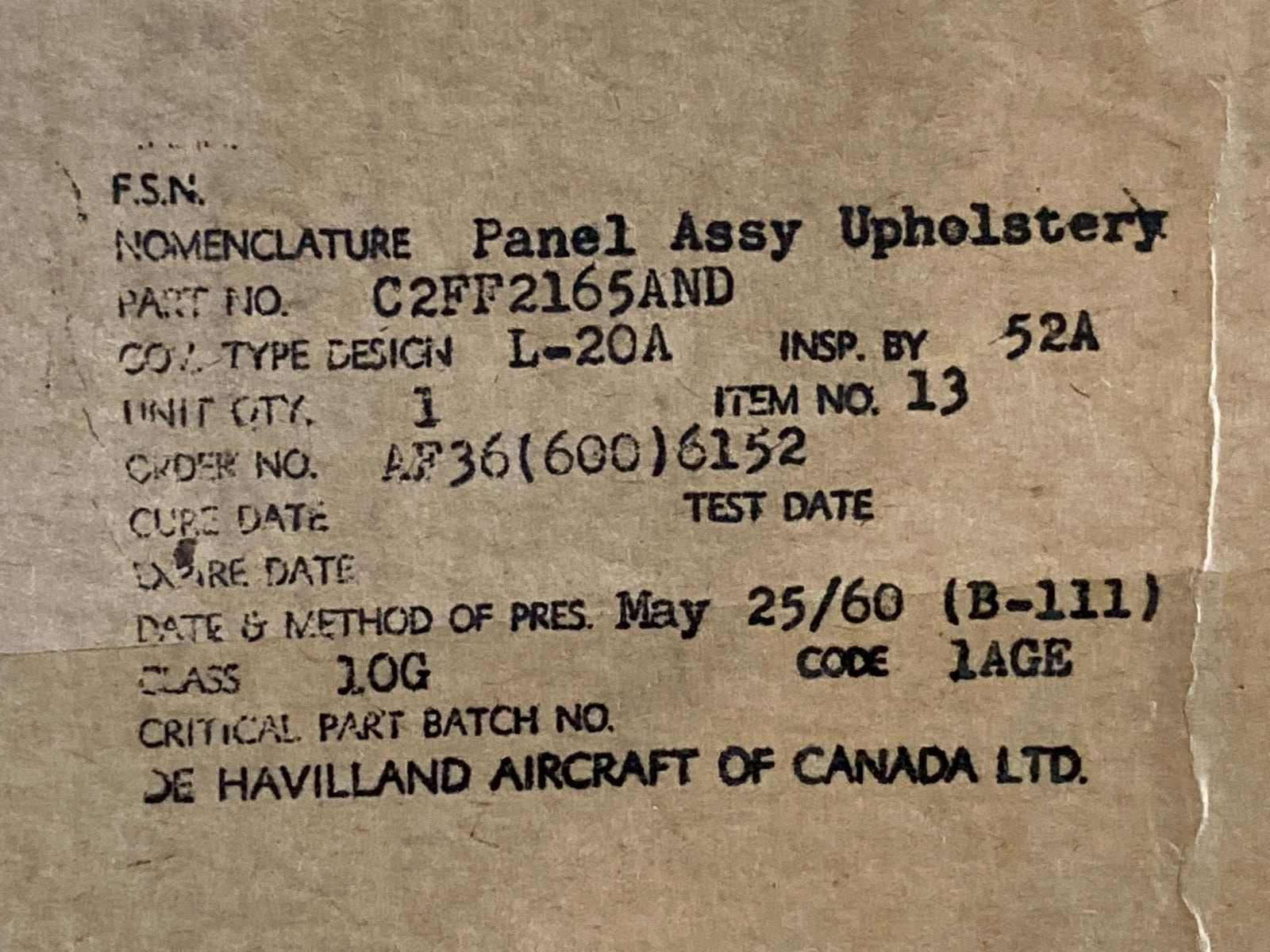 De Havilland DHC-2 BEAVER Panel Upholstery Assembly Tan P/N C2FF2165AND New