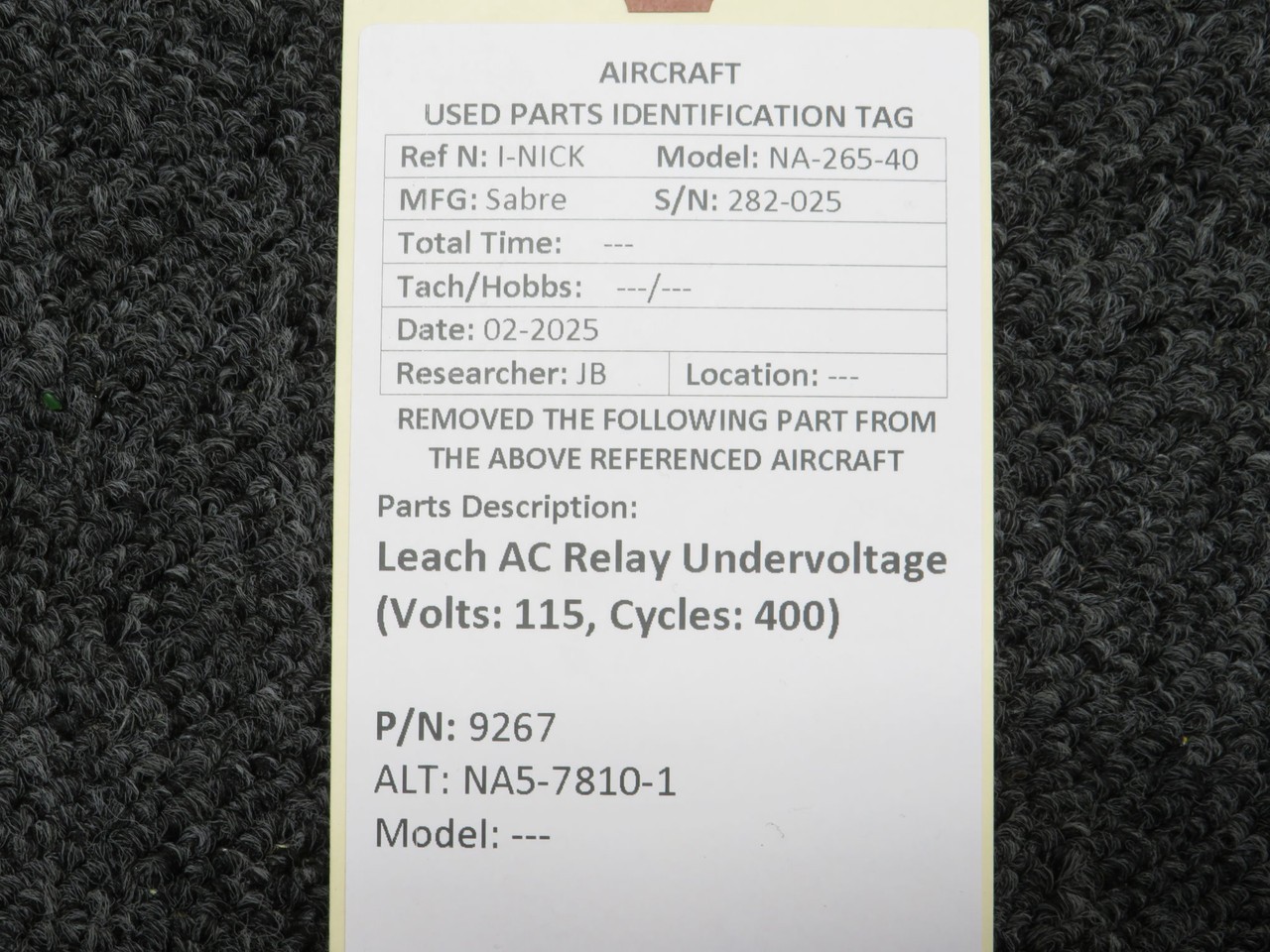 9267 (Alt: NA5-7810-1) Leach AC Relay Undervoltage (Volts: 115, Cycles: 400)