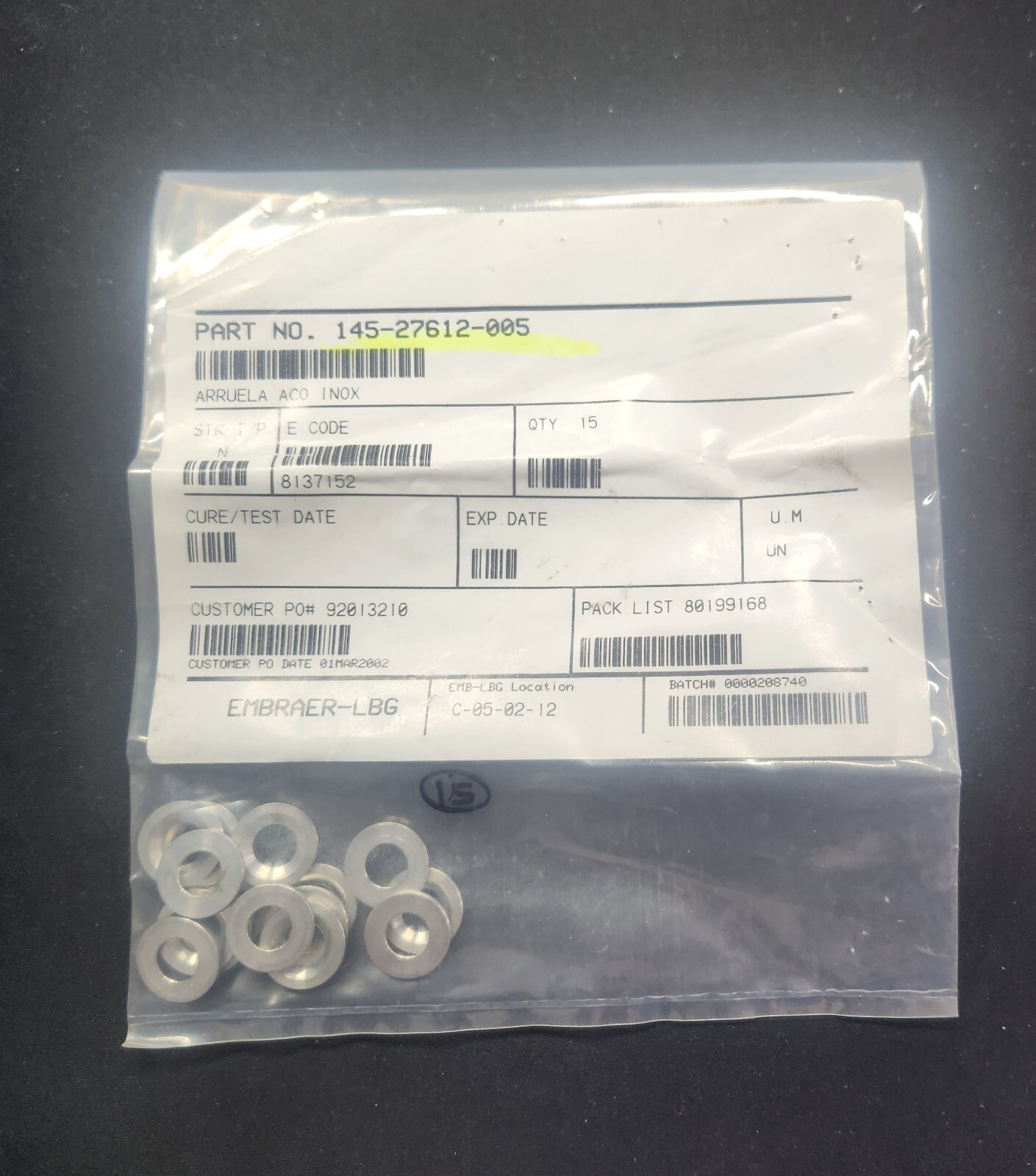 ( QTY 15 ) Embraer Washer P/N: 145-27612-005