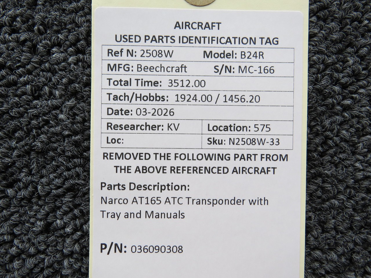 036090308 Narco AT165 ATC Transponder with Tray and Manuals