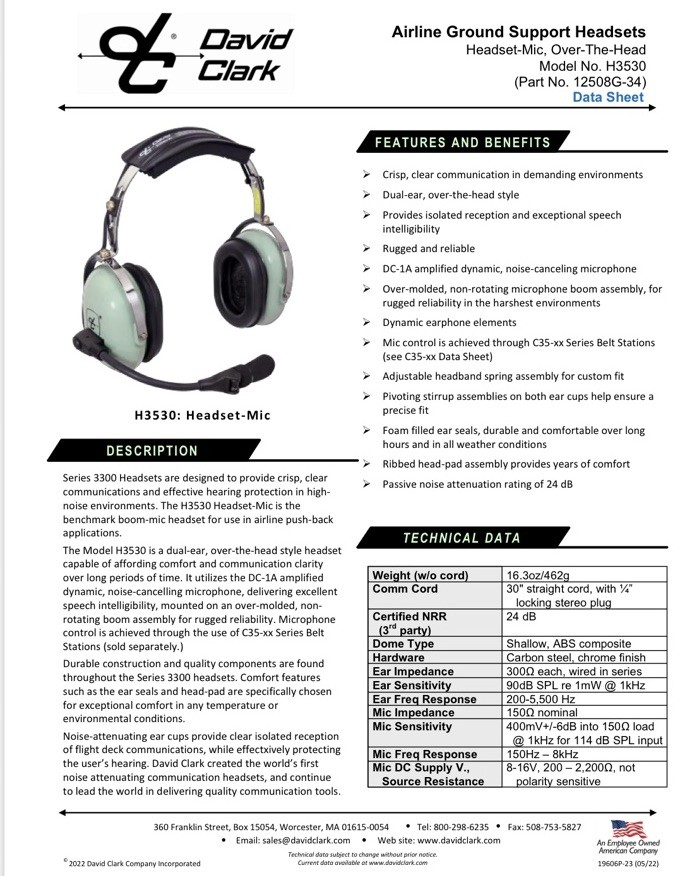 🛫 David Clark H3530 M-1A Aviation Support Headset Avionics, Aircraft,Pilot Gear