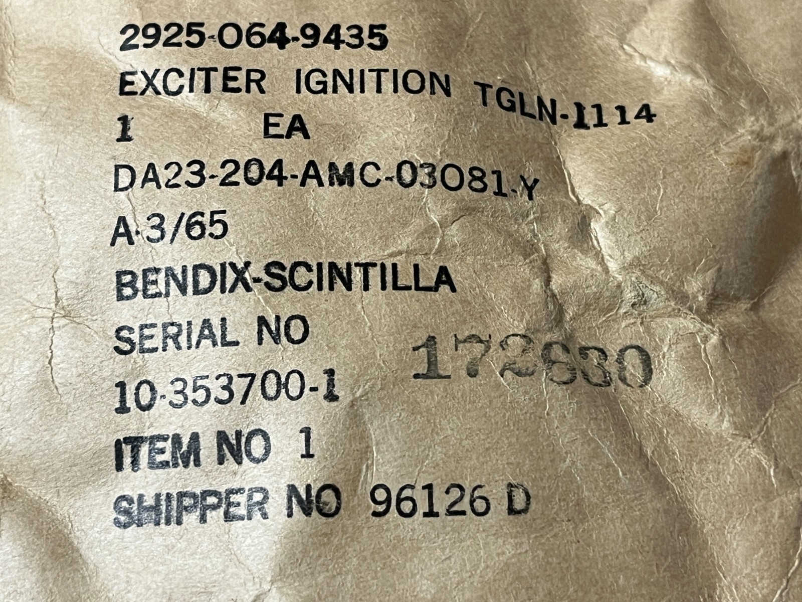 T-53 Turbine Engine Exciter Bendix P/N 10-353700-1 SA Lycoming P/N 1-300-245-01