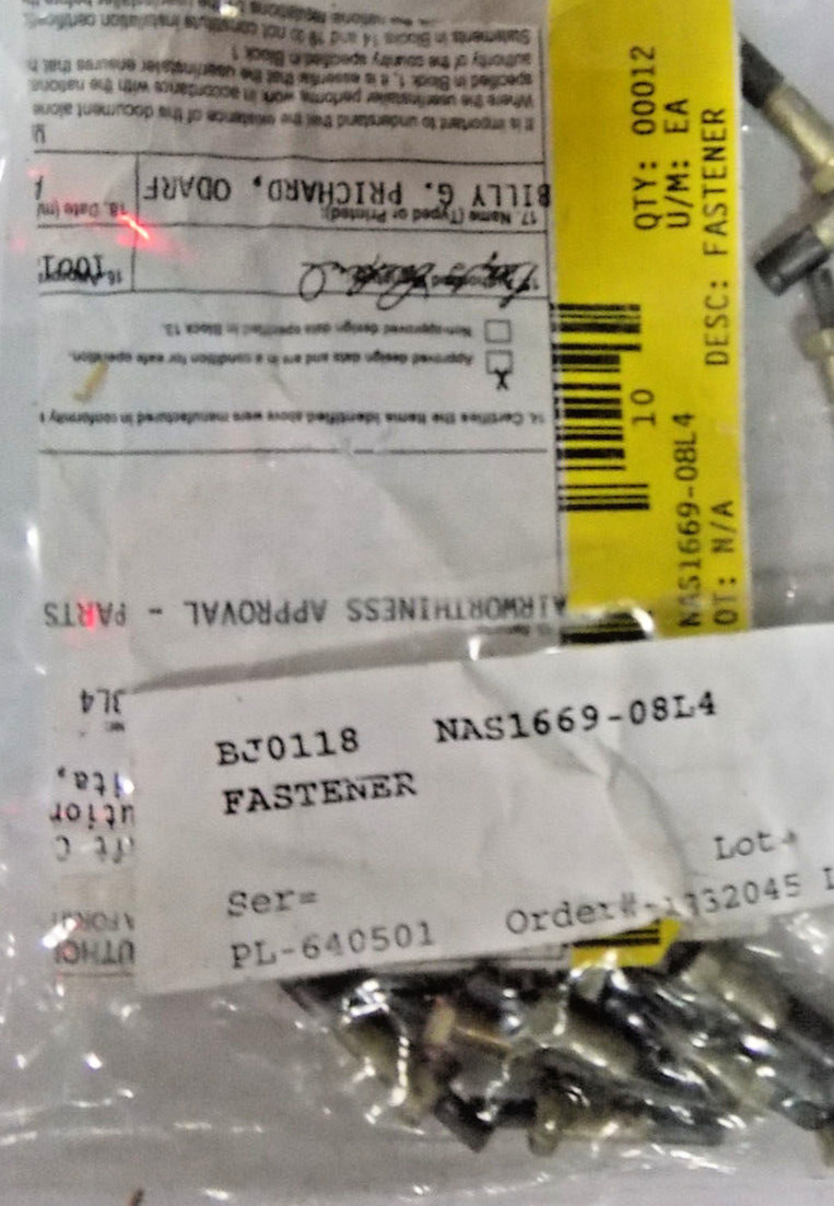 PN# NAS1669-08L4 Blind Fastener (10 in a pkg.) WITH 8130-3 TAG