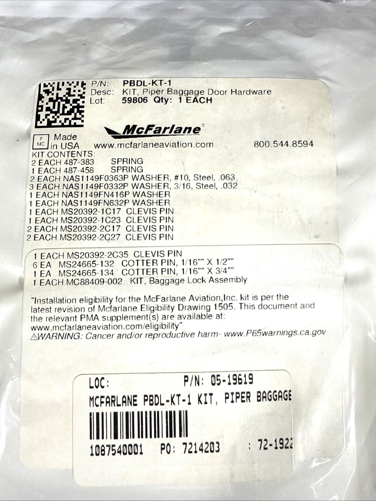 Aircraft PBDL-KT-1 KIT McFarlane Piper Baggage Door Hardware