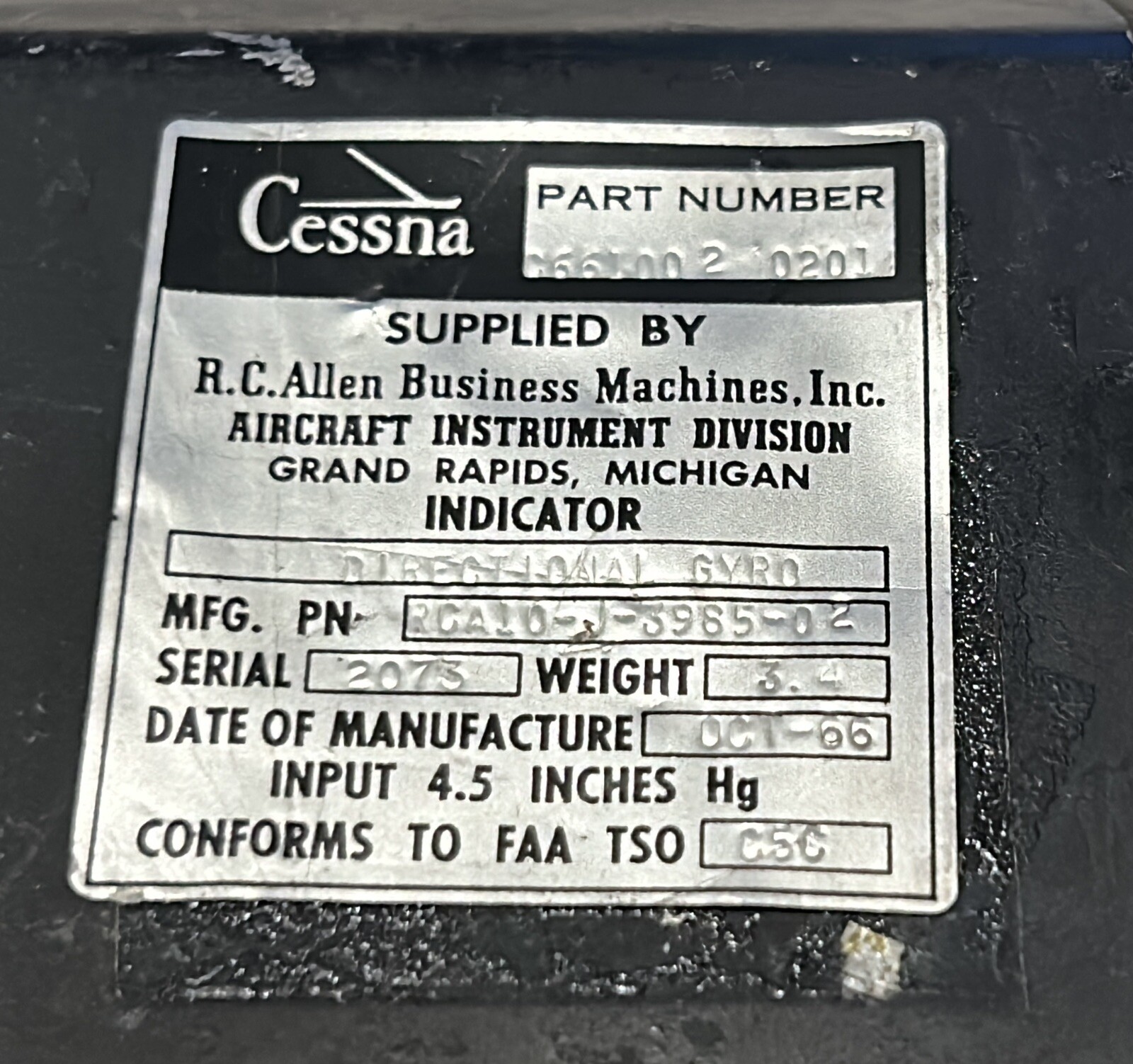 C661002-0201, RCA10-J-3965-02, Cessna R.C. Allen Vacuum Directional Gyro