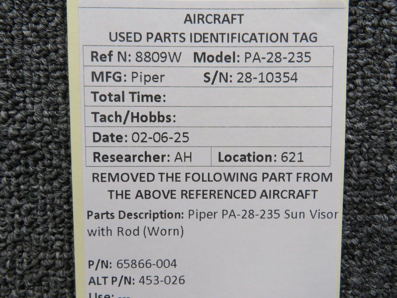 65866-004 (Alt: 453-026) Piper PA28-235 Sun Visor with Rod (Worn)
