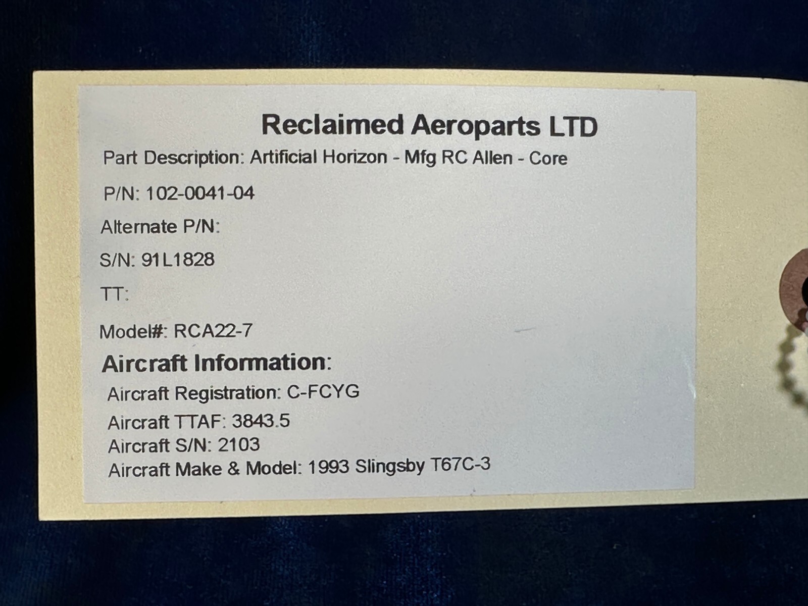 RC ALLEN ARTIFICIAL HORIZON MODEL# RCA22-7 *CORE* P/N: 102-0041-04 SN- 91L1828