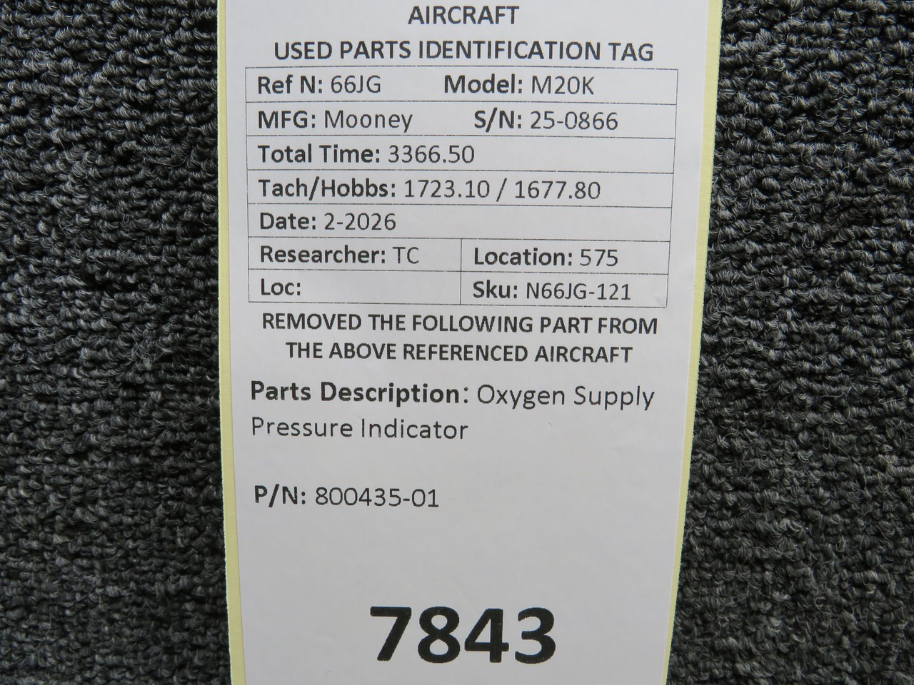 800435-01 Mooney M20K Oxygen Supply Pressure Indicator